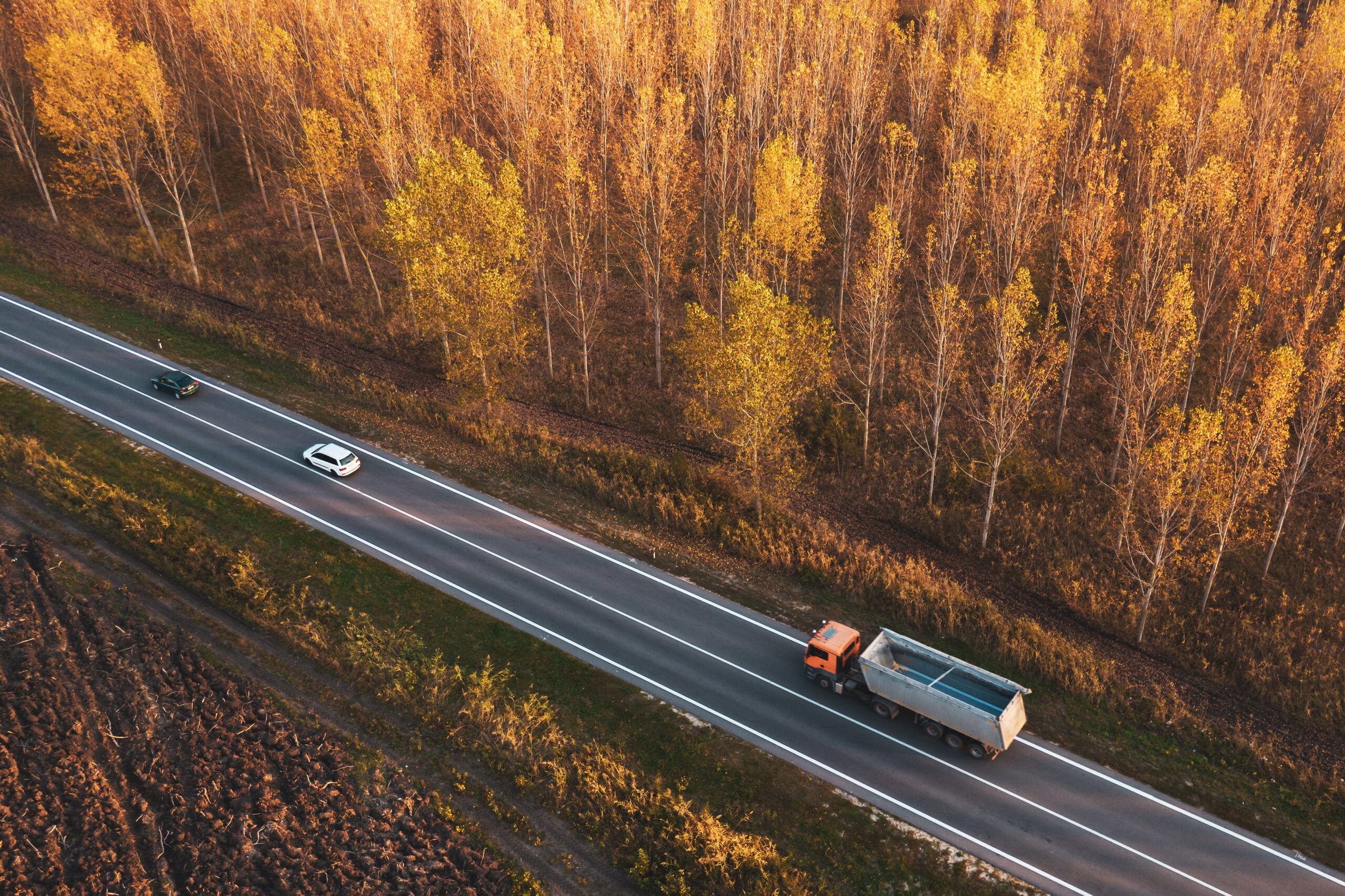 Aerial view of cars and truck driving on the road and there is an autumn forest near the road and it is evening